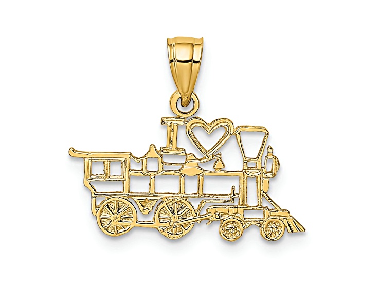 14k Yellow Gold Textured I Love (HEART) Trains Charm