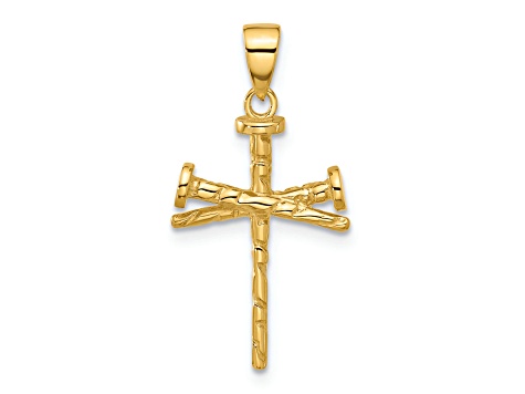 14K Yellow Gold Polished and Textured Nails Cross Pendant