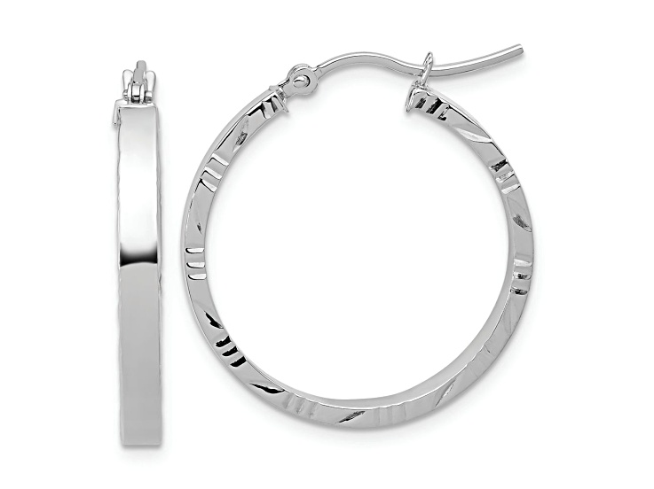 Rhodium Over 10k White Gold 1 inch Medium Polished Diamond-Cut Edge Hoop Earrings