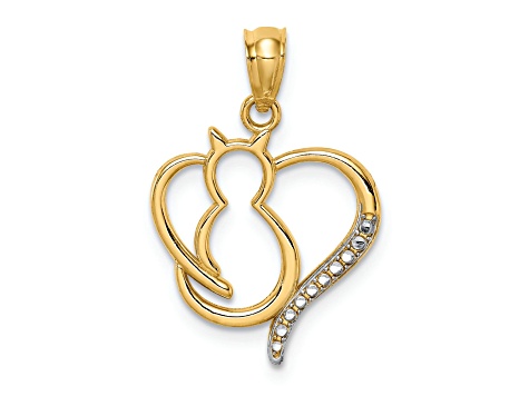 14K Yellow Gold with White Rhodium Sitting Cat in a Heart Pendant