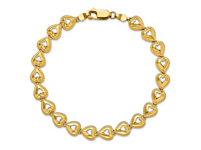 14k Yellow Gold Polished Beaded Hearts Link Bracelet