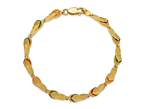 14k Yellow Gold Textured Multi-Color Enamel Flip Flop Bracelet