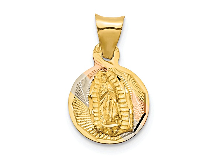 14k Yellow Gold and Rhodium Over 14k Yellow Gold Diamond-Cut Lady of Guadalupe Circle Pendant