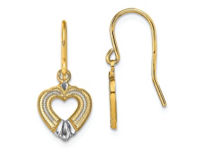 14K Two-tone Gold Polished and Textured Heart Dangle Earrings