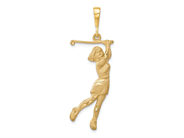 14k Yellow Gold Brushed and Diamond-Cut Female Golfer Pendant