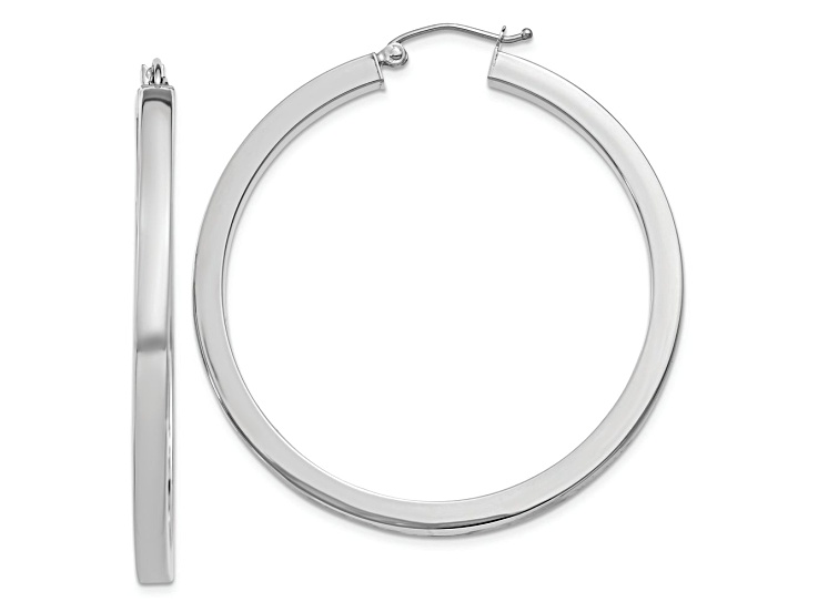 Rhodium Over 10k White Gold 1 3/4" Polished Square Tube Hoop Earrings