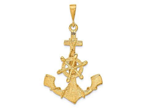14k Yellow Gold Textured Large Anchor with Moveable Wheel Pendant