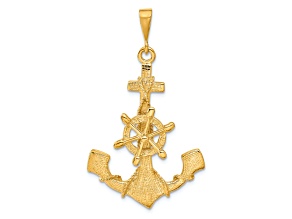 14k Yellow Gold Textured Large Anchor with Moveable Wheel Pendant