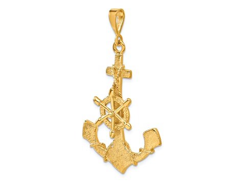 14k Yellow Gold Textured Large Anchor with Moveable Wheel Pendant