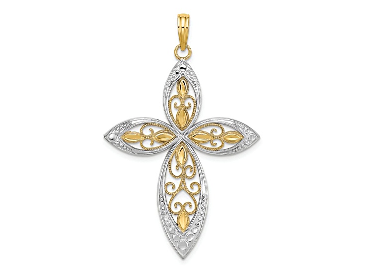 14K Two-tone Gold Beaded Textured Filigree Cross Charm