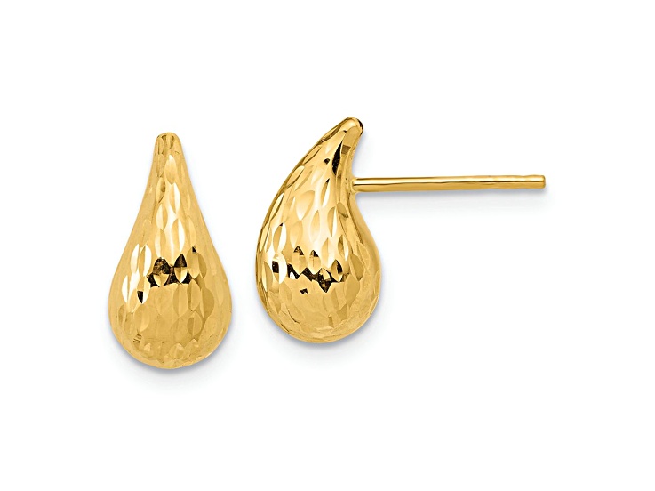 14K Yellow Gold Polished and Diamond-cut Puffed Teardrop Post Earrings