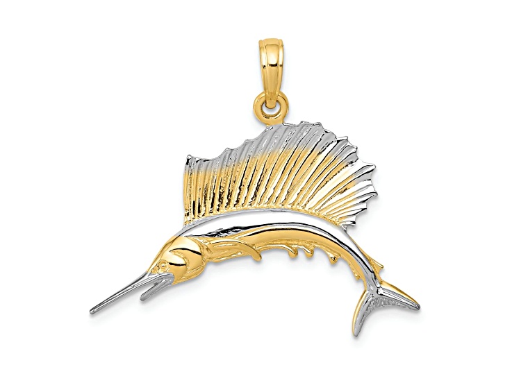 10K Yellow Gold and Rhodium Over 10K Yellow Gold Textured Sailfish Pendant