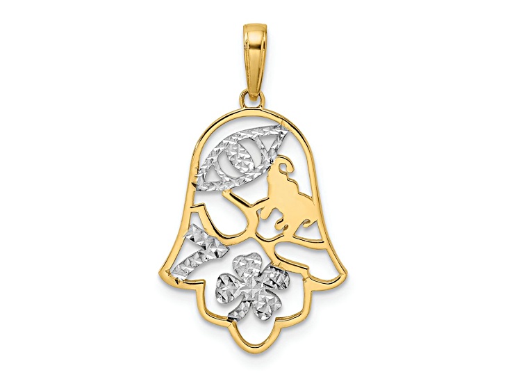 14K Two-tone Gold Diamond-Cut Good Luck Symbols on Hamsa Pendant