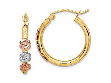 Picture of 14K Yellow Gold, 14K White Gold and 14K Rose Gold 13/16" Satin and Diamond-Cut Flower Hoop Earrings