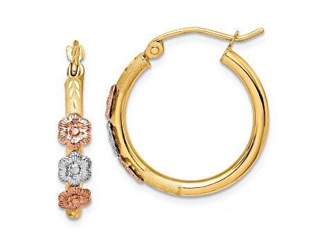 14K Yellow Gold, 14K White Gold and 14K Rose Gold 13/16" Satin and Diamond-Cut Flower Hoop Earrings