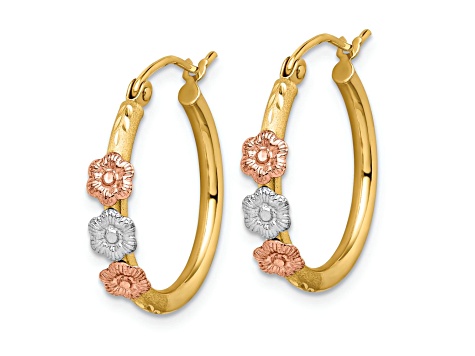 14K Yellow Gold, 14K White Gold and 14K Rose Gold 13/16" Satin and Diamond-Cut Flower Hoop Earrings