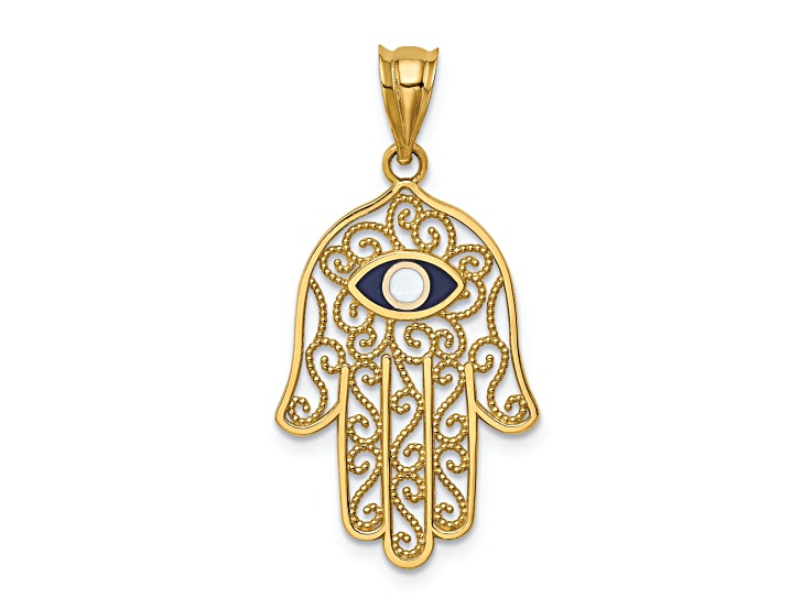 14k Yellow Gold Polished Filigree Textured and Enameled Hamsa Pendant