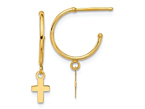 14k Yellow Gold Polished Hoop with Cross Dangle Earrings