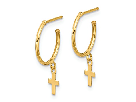14k Yellow Gold Polished Hoop with Cross Dangle Earrings