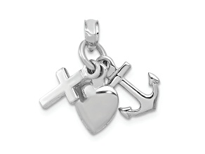 Rhodium Over 10K White Gold 3D Moveable Faith, Hope and Charity Charm