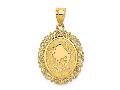 14k Yellow Gold Solid Satin, Polished and Textured Taurus Zodiac Oval Pendant