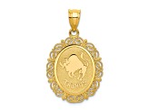 14k Yellow Gold Solid Satin, Polished and Textured Taurus Zodiac Oval Pendant