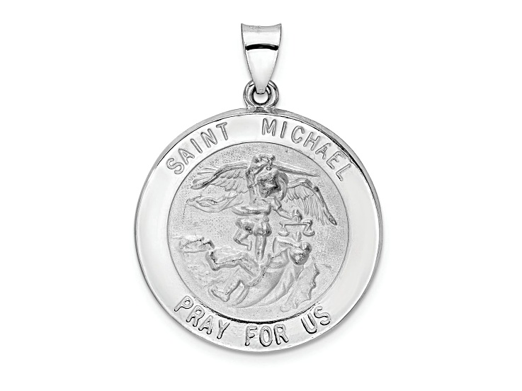 Rhodium Over 14k White Gold Polished and Satin Saint Michael Medal Pendant