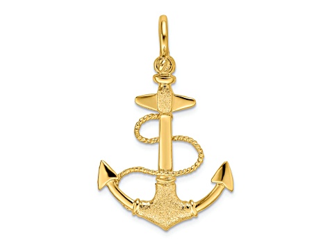 14k Yellow Gold 3D Textured Anchor with Rope and Shackle Bail Charm