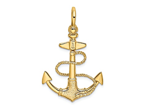 14k Yellow Gold 3D Textured Anchor with Rope and Shackle Bail Charm