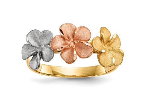 14K Satin Diamond-cut 3-Plumerias Ring