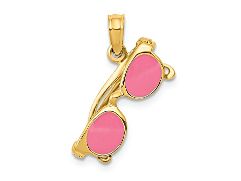 14K Yellow Gold 3D Pink Enameled Moveable Sunglasses Pendant