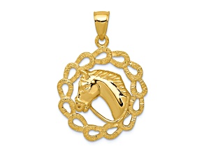 14k Yellow Gold Solid Polished and Textured Horse Head in Horseshoes Pendant
