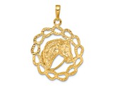 14k Yellow Gold Solid Polished and Textured Horse Head in Horseshoes Pendant