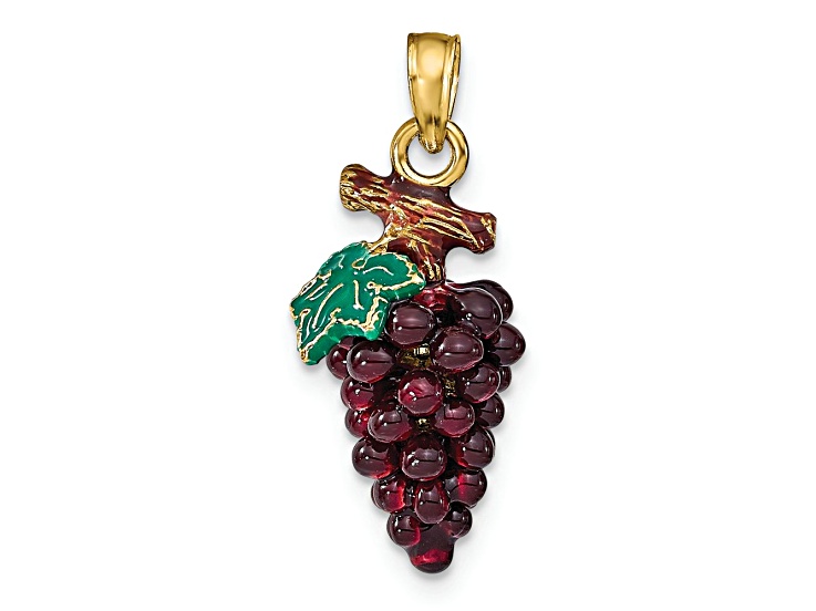 14k Yellow Gold 3D Enamel Purple Grapes with Stem and Leaf
