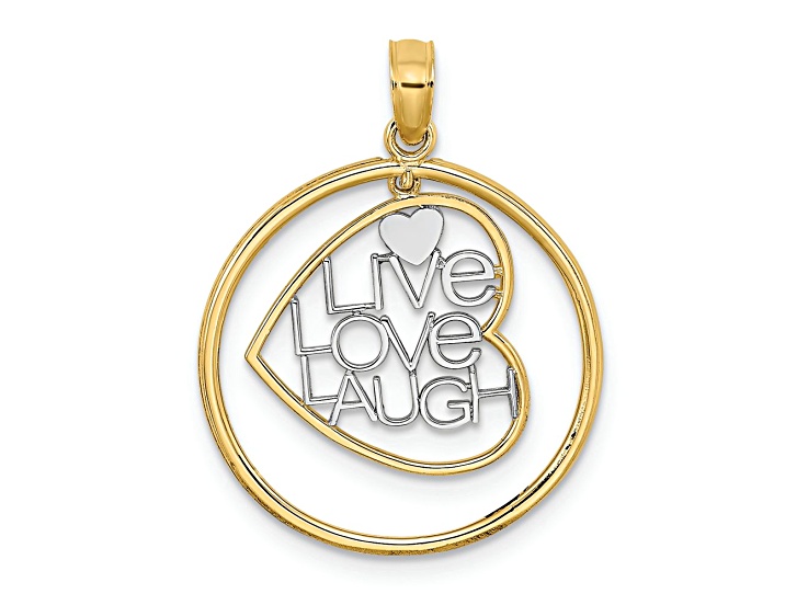 14K Two-tone Gold Circle Charm with Live Love Laugh In Dangling Heart
