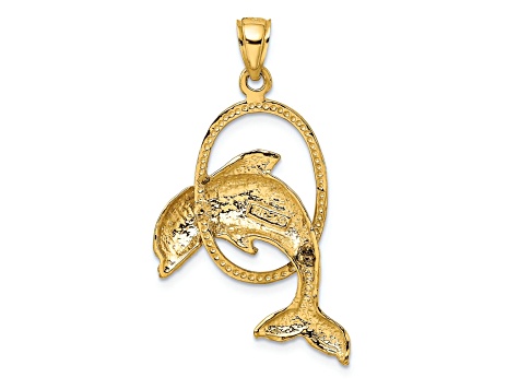 14k Yellow Gold Textured Dolphin Jumping Through Hoop Charm