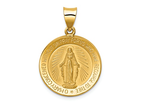 14K Yellow Gold Polished and Satin Miraculous Medal Hollow Pendant