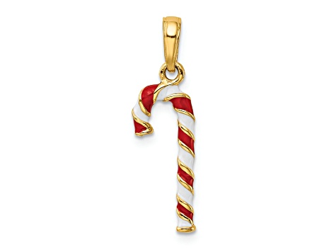 14K Yellow Gold Enameled Candy Cane Charm Pendant