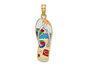 14k Yellow Gold and Rhodium Over 14k Yellow Gold Multi-Color Enamel 3D Beach Scene Flip-Flop Charm