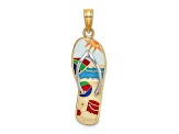 14k Yellow Gold and Rhodium Over 14k Yellow Gold Multi-Color Enamel 3D Beach Scene Flip-Flop Charm