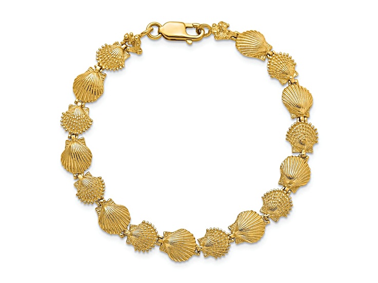 14k Yellow Gold Polished and Textured Scallop Shell link Bracelet