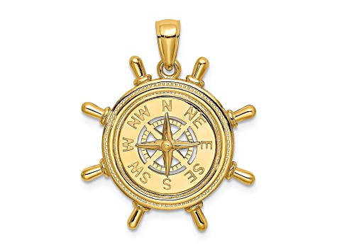 14k Yellow Gold Ships Wheel with Nautical Compass Pendant