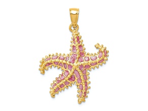 14k Yellow Gold Textured and Pink Enameled Starfish Pendant