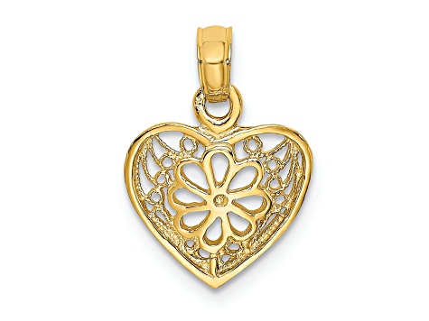 14k Yellow Gold 2D Filigree Heart with Flower Design Charm