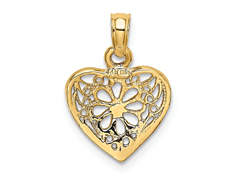14k Yellow Gold 2D Filigree Heart with Flower Design Charm