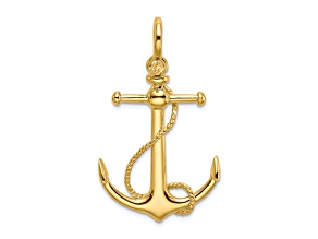 14k Yellow Gold 3D Textured Anchor with Long T Bar and Shackle Bail Pendant
