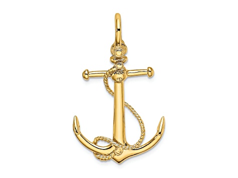 14k Yellow Gold 3D Textured Anchor with Long T Bar and Shackle Bail Pendant