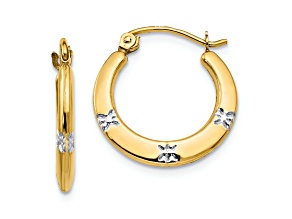 14K Yellow Gold with Rhodium Flowers Hollow Hoop Earrings