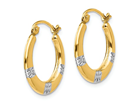 14K Yellow Gold with Rhodium Flowers Hollow Hoop Earrings
