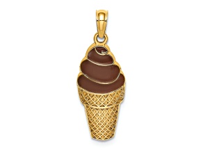 14k Yellow Gold Textured Brown Enamel Chocolate Ice Cream Cone Charm
